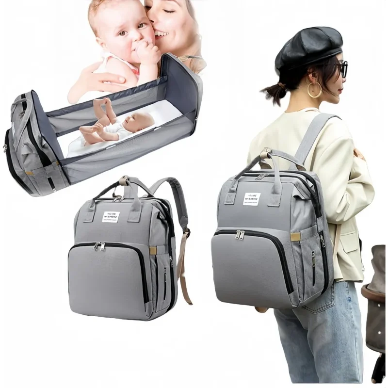 Pañalera Cuna Mudador y Mochila 4 en 1, Color Gris